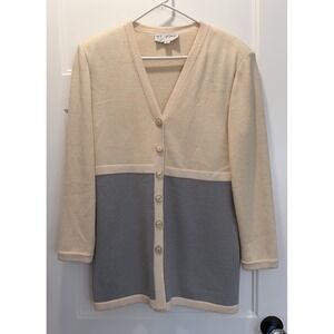 Vintage St. John Collection Wool Blend Cardigan Cream Blue Size M With COA